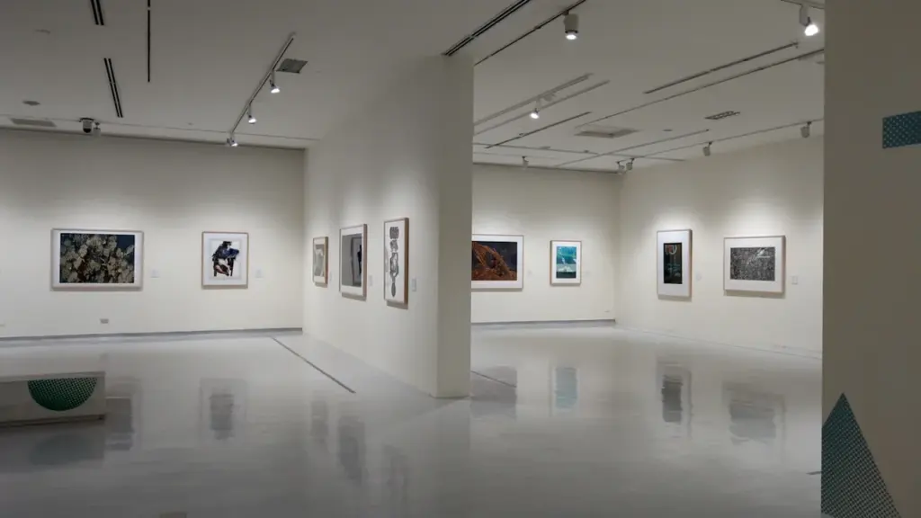 Plaša mūsdienīga mākslas galerija ar vairākiem ierāmētiem darbiem uz baltām sienām.