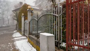 Miglaina iela ar privātmāju aiz dzelzs sētas un sniega klāta bruģa