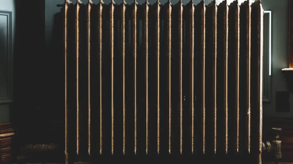 Klasisks čuguna radiators dzīvoklī, kas simbolizē tuvojošos apkures sezonu un mājokļa siltumu.