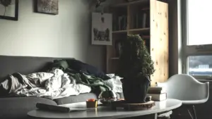 Omulīga, nedaudz nekārtīga viesistaba, kas rosina pārdomas par drošību un mājas sajūtu ikdienā.